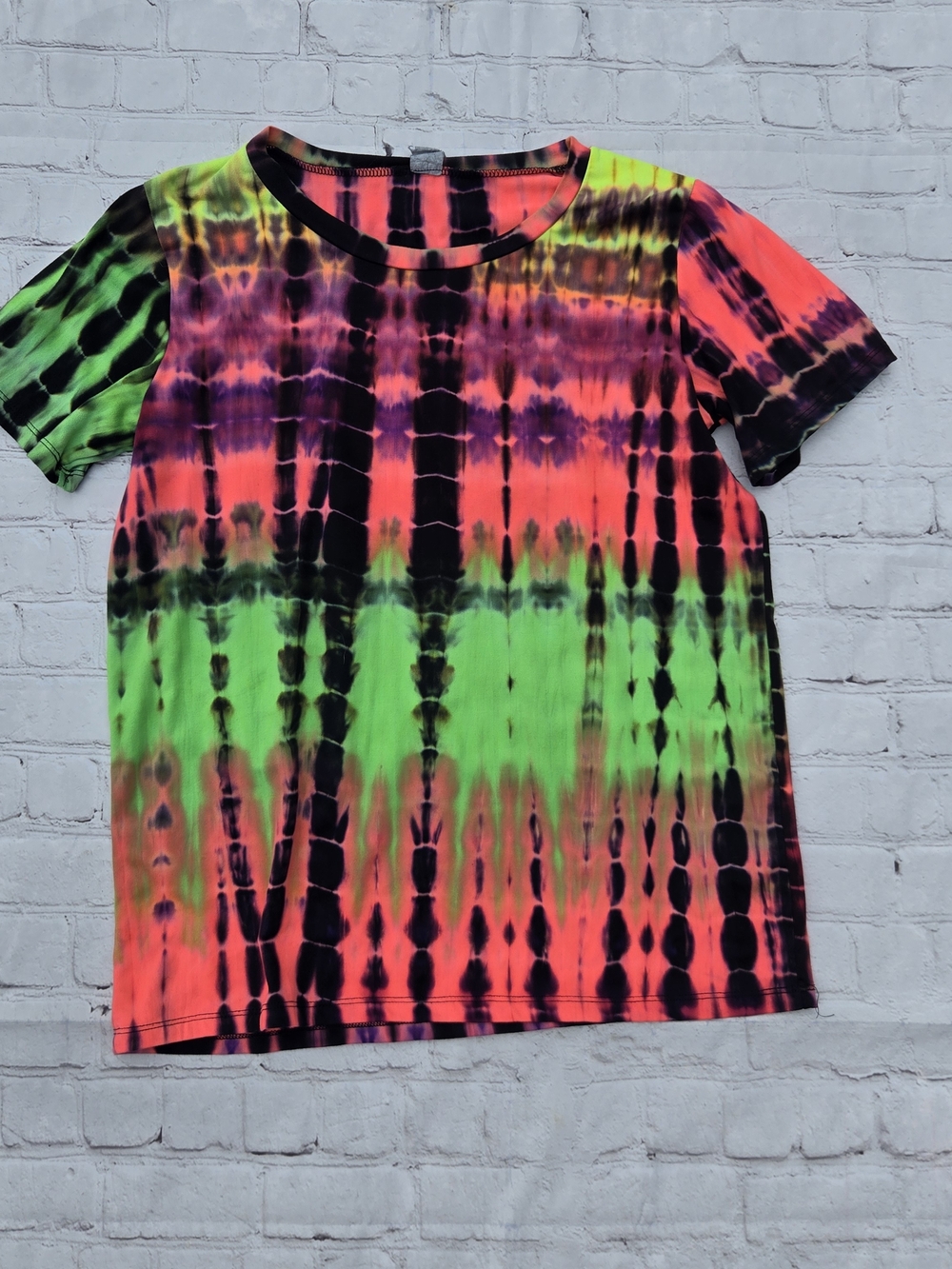 Women's Neon Tie-Dye Short Sleeve Top - Green & Pink Sz Lg